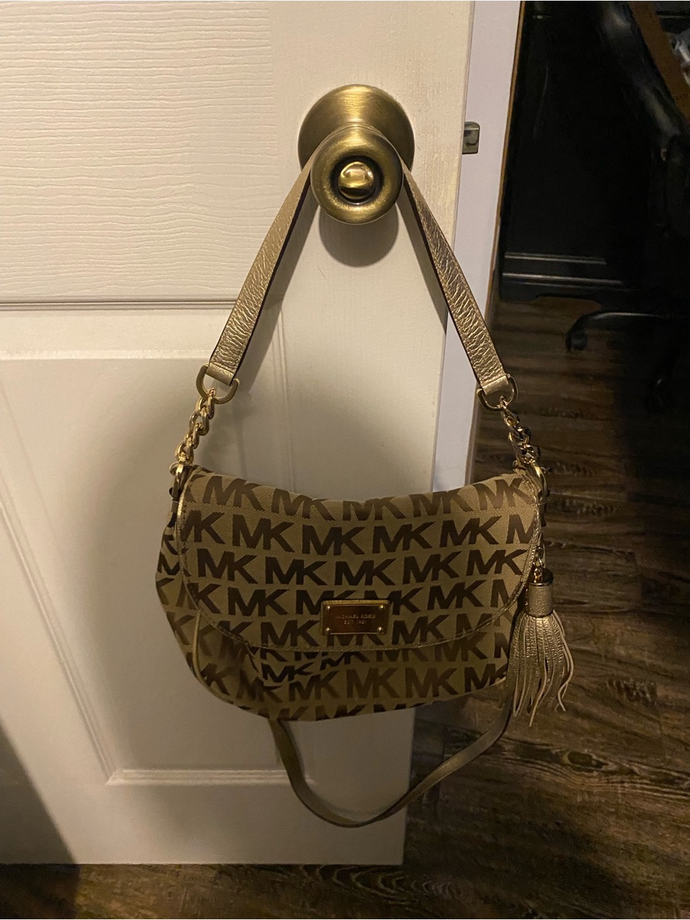 Michael Kors Tan/Brown MK Logo Shoulder Bag with Tassel